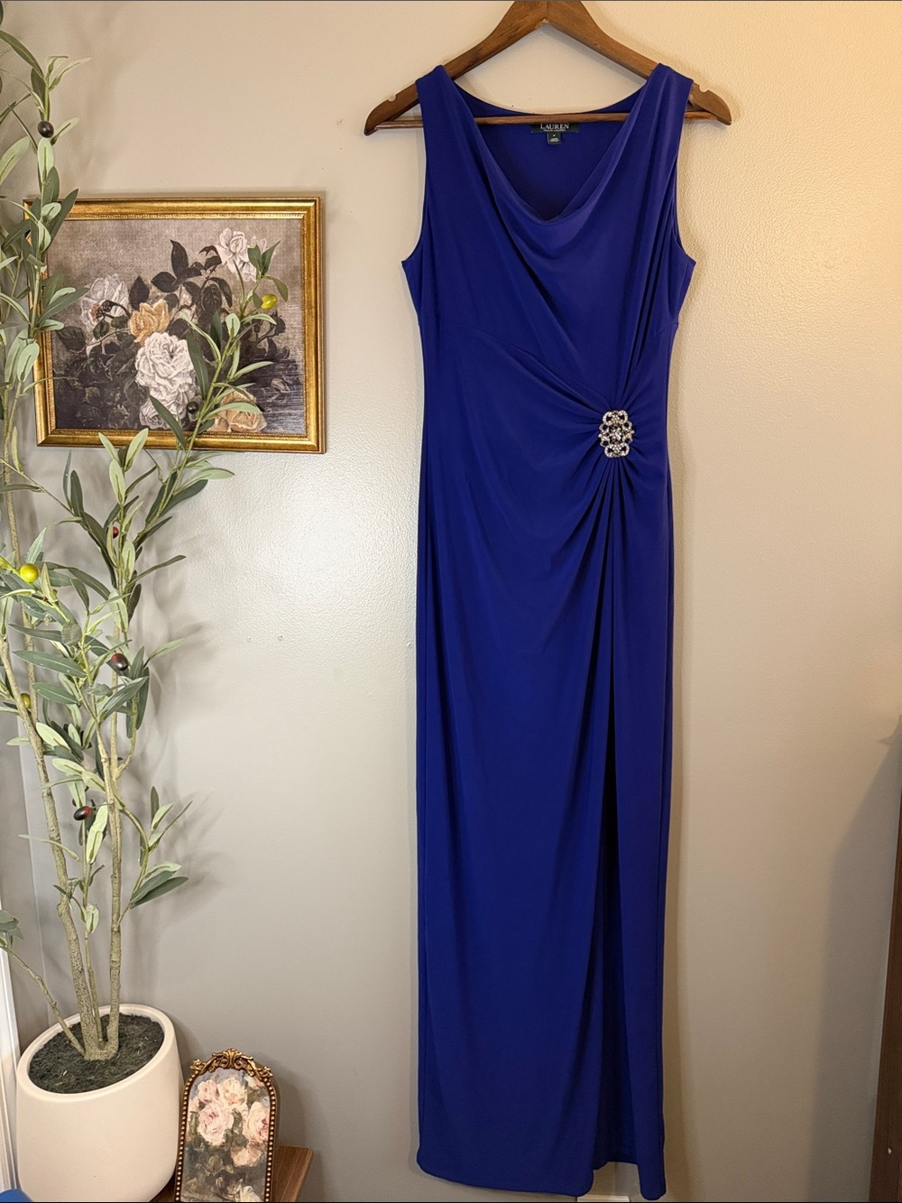 Lauren Ralph Lauren Royal Blue Draped Embellished Evening Gown Size 4 - Picture 5 of 10